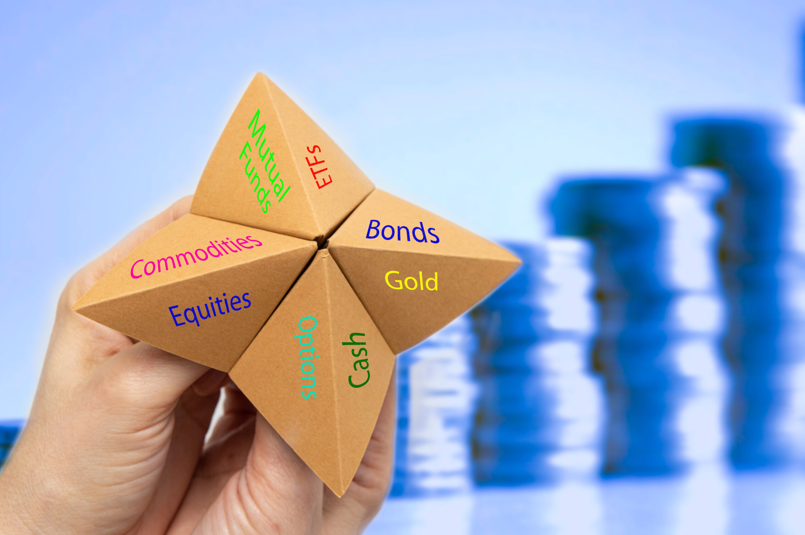 Paper fortune teller showing diverse investment options like commodities, equities, mutual funds, ETFs, bonds, gold, cash, and options for military retirees considering TSP rollover.