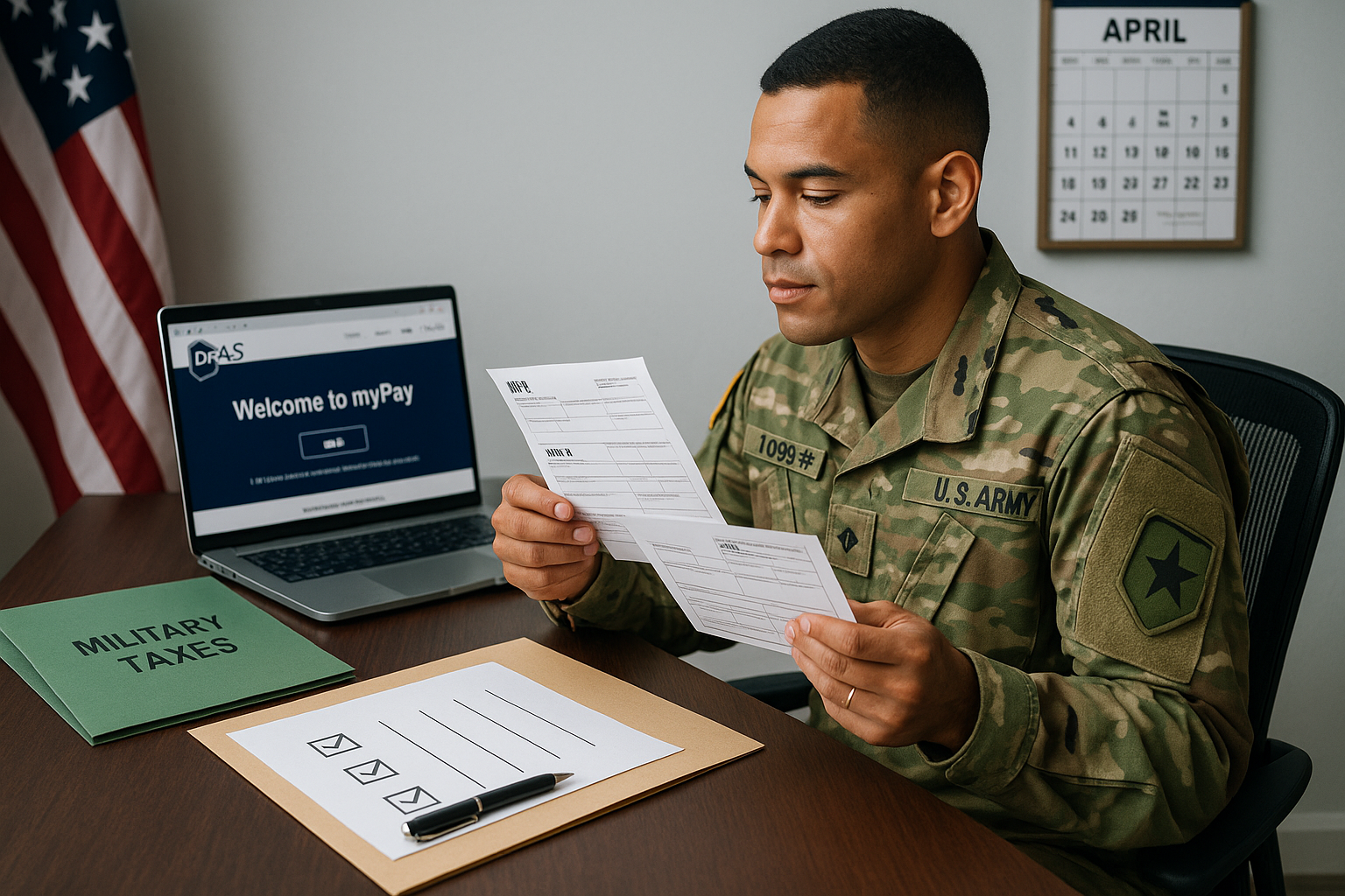 A U.S. Army member in camouflage uniform organizing tax documents at a desk, with a laptop displaying the DFAS myPay website, a checklist, a folder labeled "Military Taxes," and a calendar showing April in the background, alongside a U.S. flag.