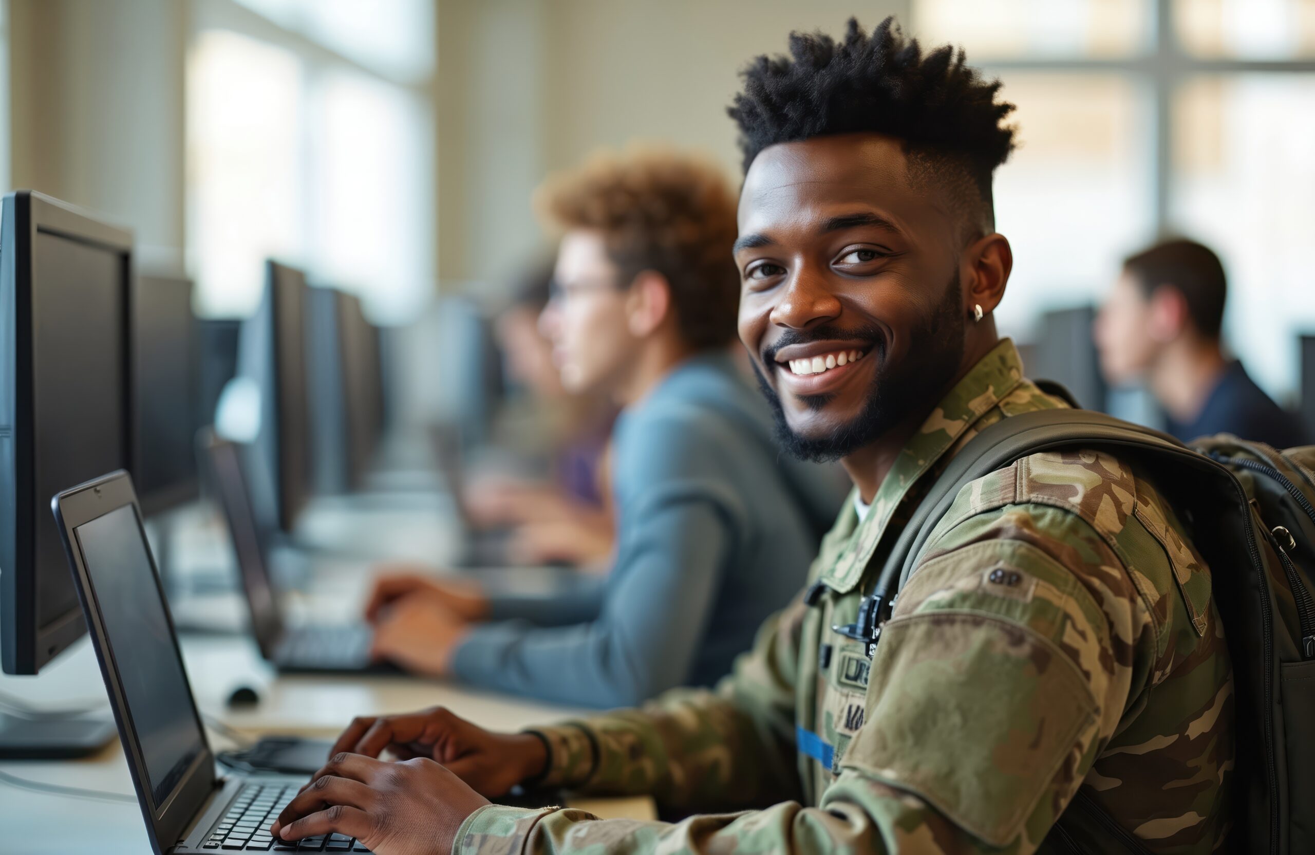 Smiling military officer in uniform using computer for graduate school studies with Post-9/11 GI Bill benefits answering the question if the Will the GI Bill Pay for Law School?